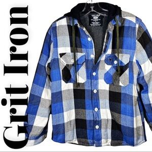 GRIT IRON Blue & Black Plaid Fleece Lined Hoodie Shacket, Size Medium
